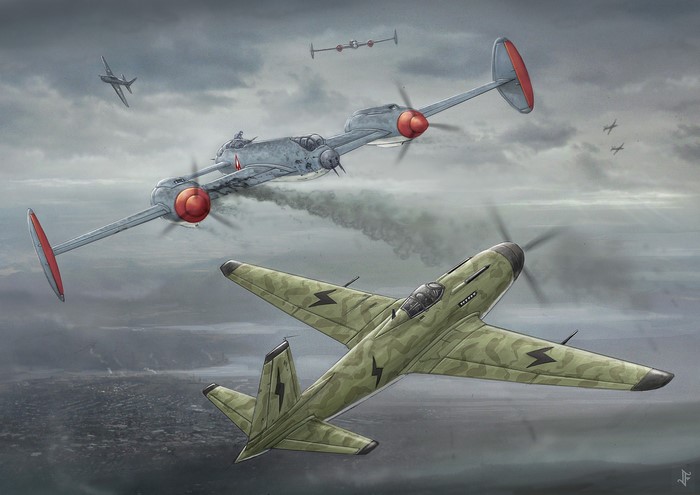 World War II aircraft dogfight over a city