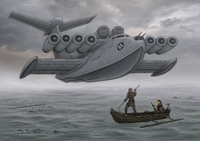 Ekranoplan flying over a boat with two people