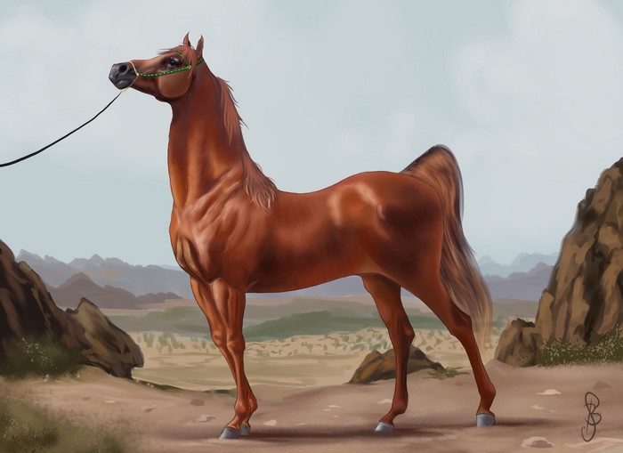 Painting of a brown horse in a desert landscape