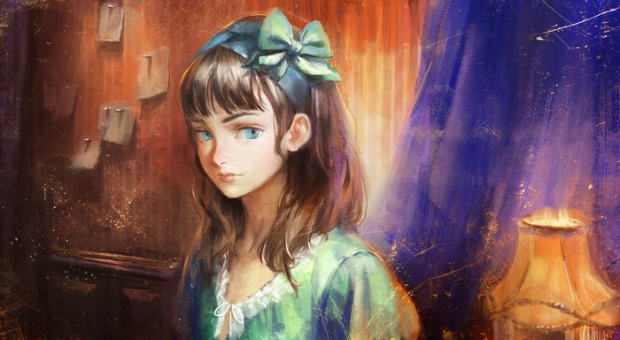 Girl with blue eyes and brown hair wearing a green dress