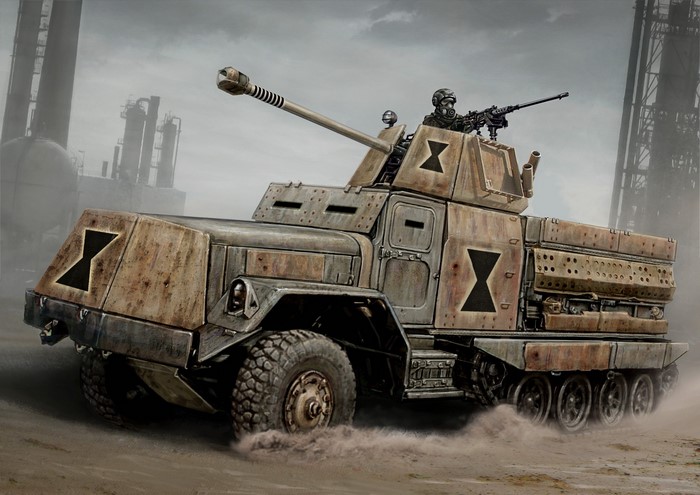 Post-apocalyptic armored vehicle with machine gun