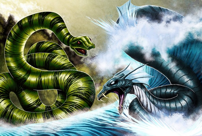 Green Snake Battles Sea Dragon in Water