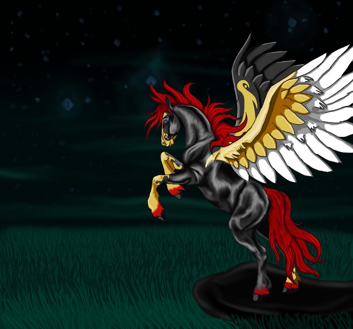 Black Pegasus with red mane and wings