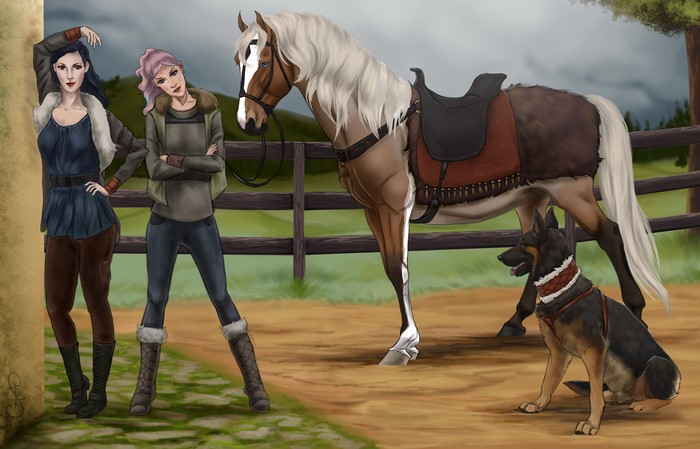 Two women, a horse, and a dog in a stable yard
