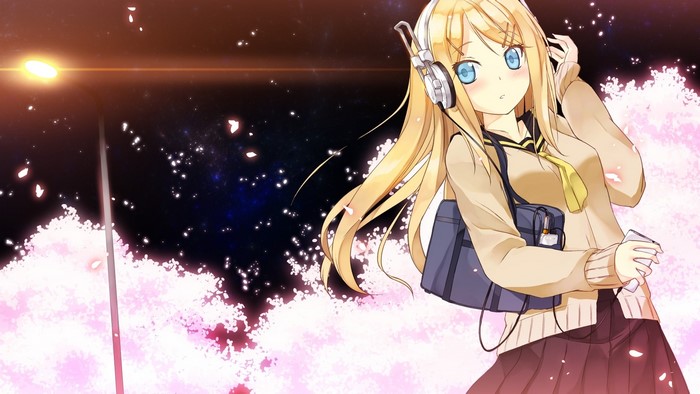Kagamine Rin from Vocaloid with headphones and school bag