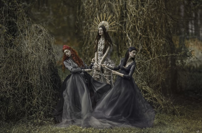 Three women in dark dresses in a forest