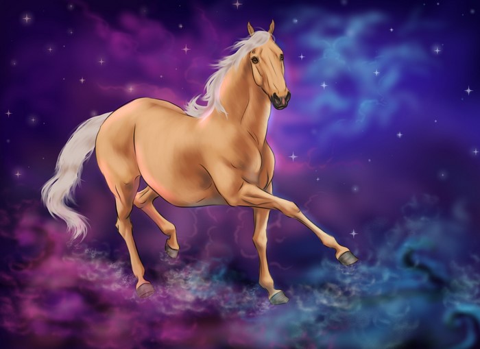 A palomino horse running through a nebula