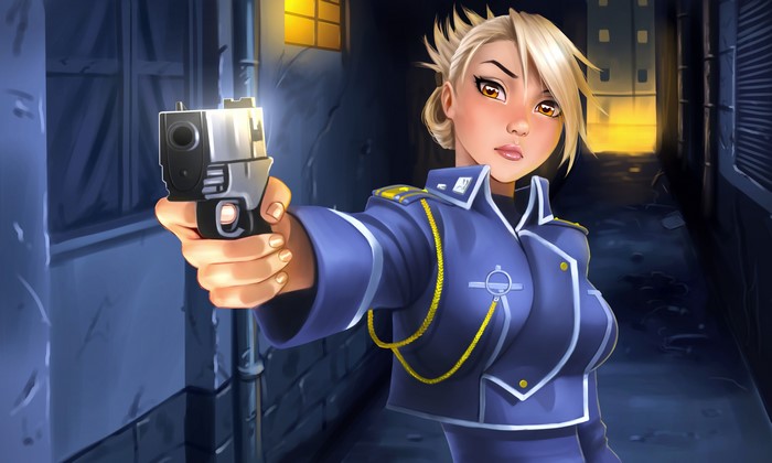 Riza Hawkeye from Full Metal Alchemist holding a pistol