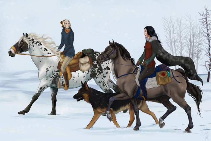 Two people and a dog riding horses in the snow