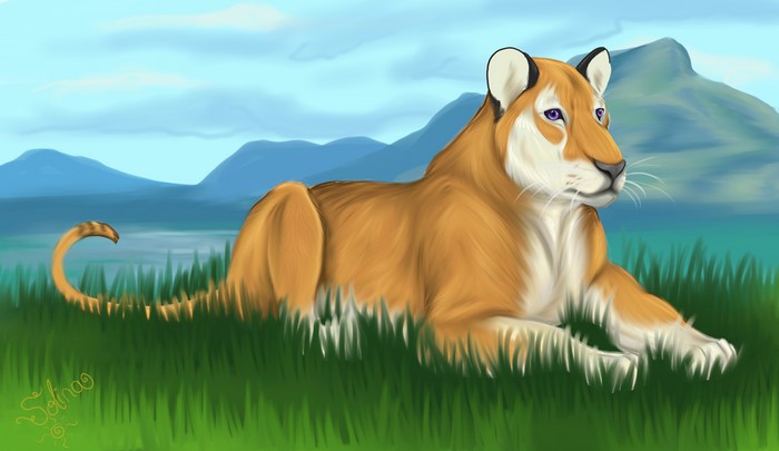 Painting of a lioness resting in grass with mountains in background