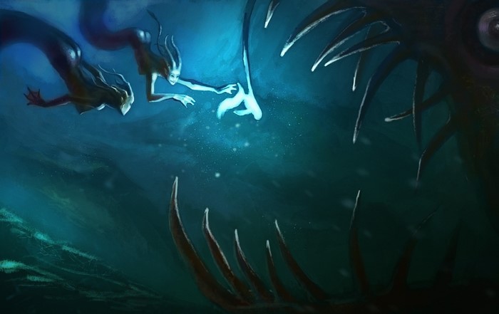 Mermaids and a glowing figure near a monster's teeth