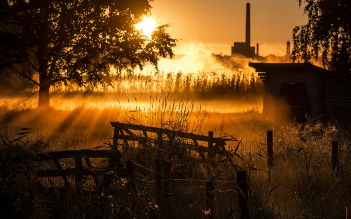 Sunrise over a misty field with a fence and industrial buildings