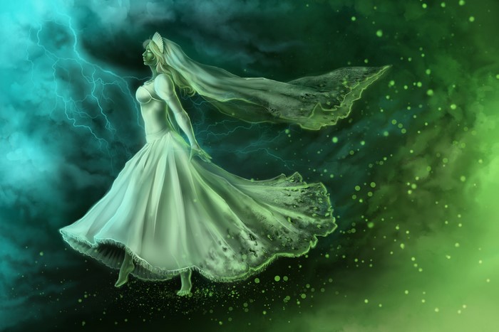 Woman in a flowing dress with lightning in the background
