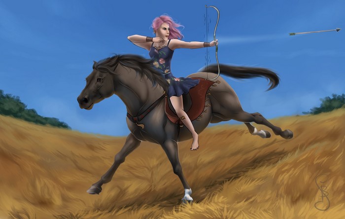 Woman Archer Riding Horse in Field
