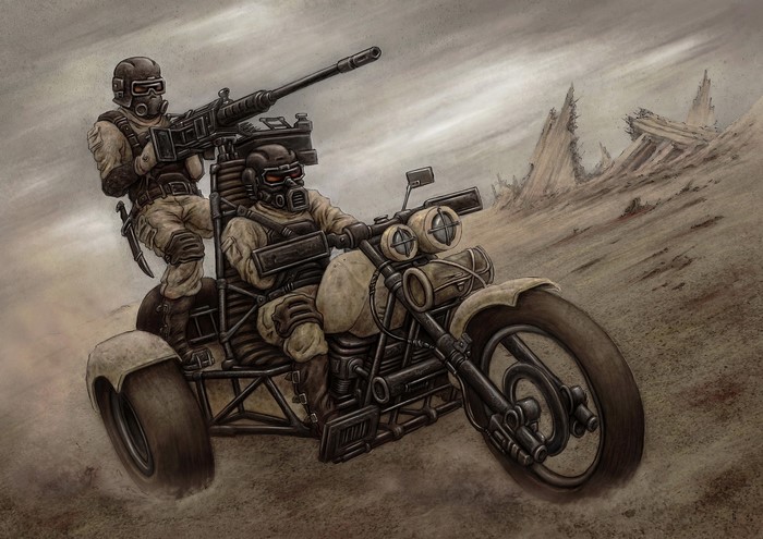 Two soldiers on a trike with a machine gun in a desert