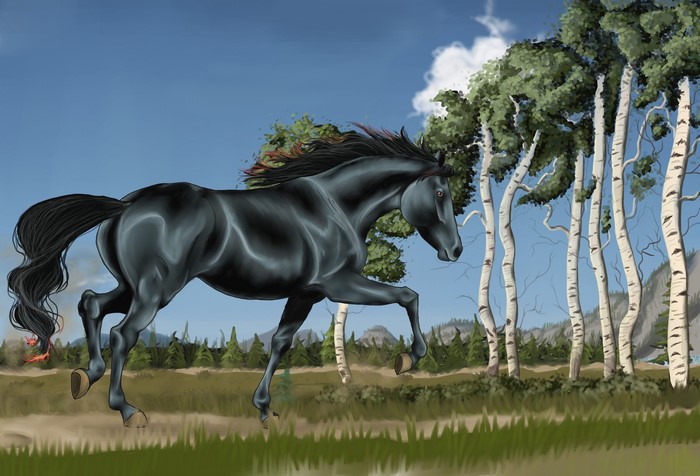 Black horse running in a forest with birch trees
