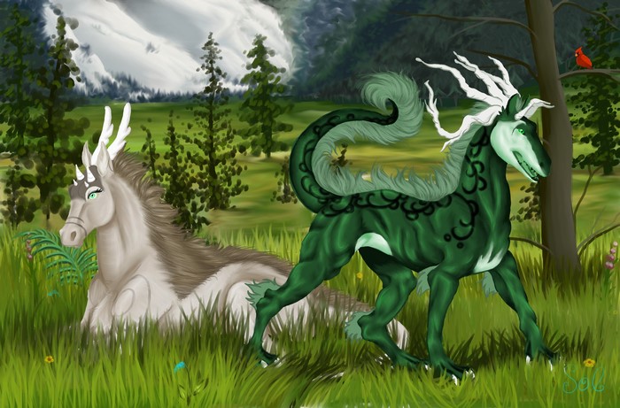 Two magical creatures in a grassy field with mountains