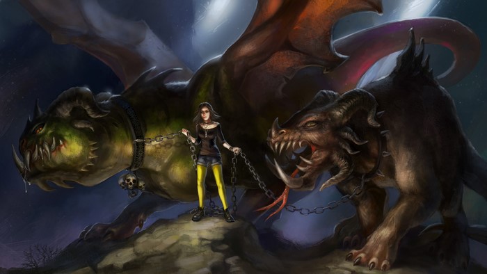 Girl with two chained monsters