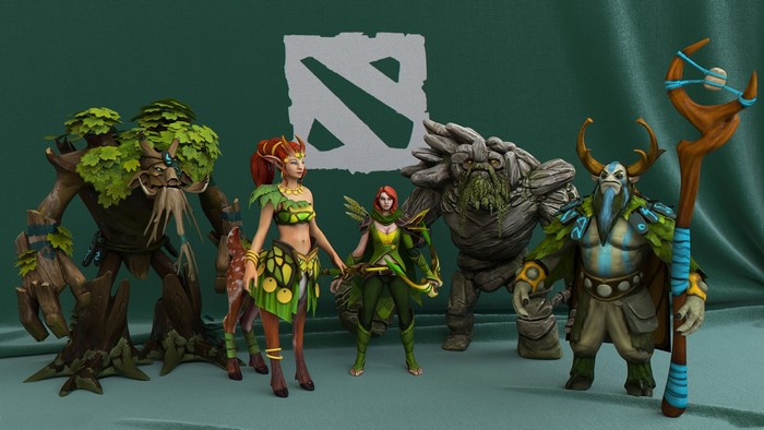 Dota 2 characters: Treant Protector, Enchantress, Windrunner, Tiny, and Bristleback