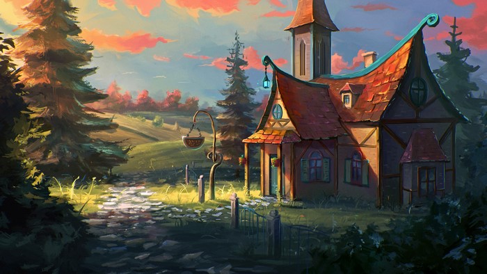 4K painting of a whimsical house in a landscape