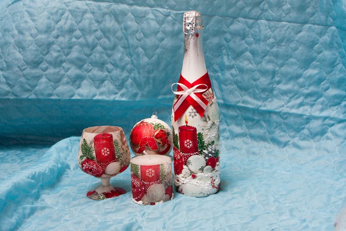 Christmas Decorated Champagne Bottle, Ornament, and Glass