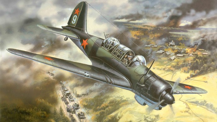 Soviet WWII ground attack aircraft bombing a village