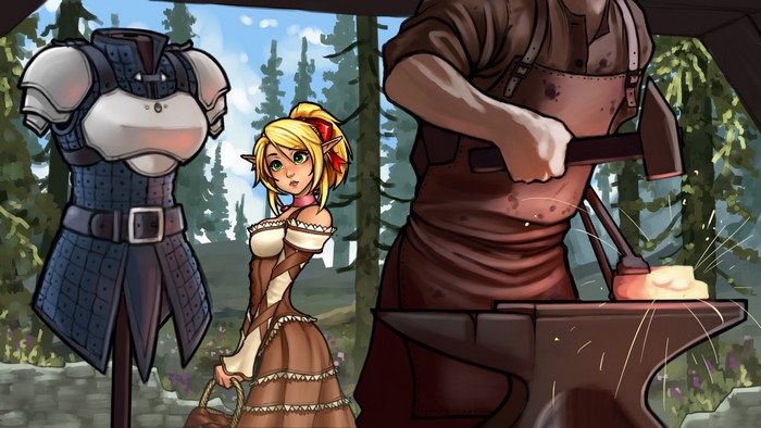 Elf girl and blacksmith in a workshop