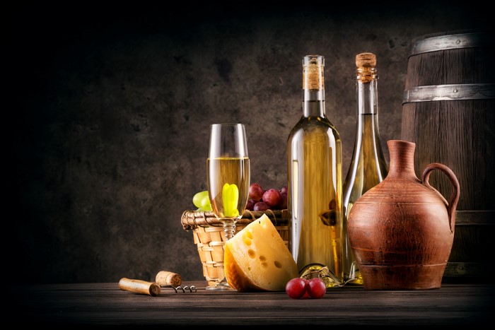 Wine, Cheese, Grapes, and Jug with Barrel