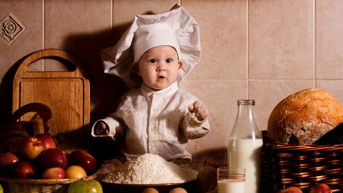 Baby Cook with Apples, Bread, and Milk