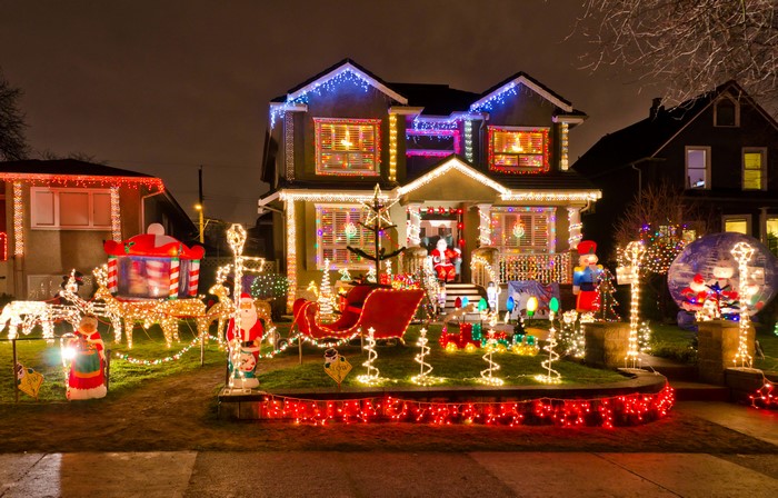 4K Christmas House Decorated with Lights and Santa Claus