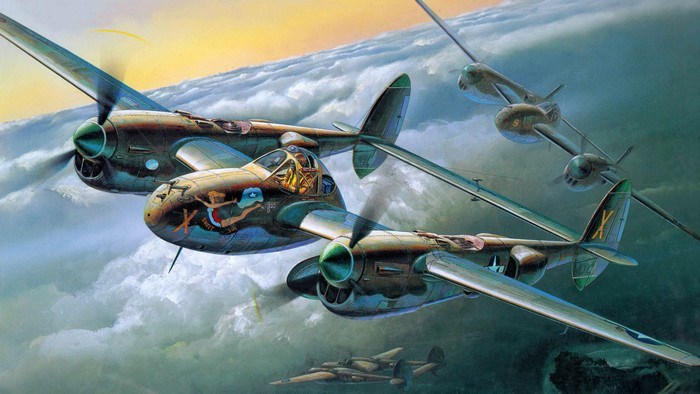 P-38J Lightning Airplanes in Flight