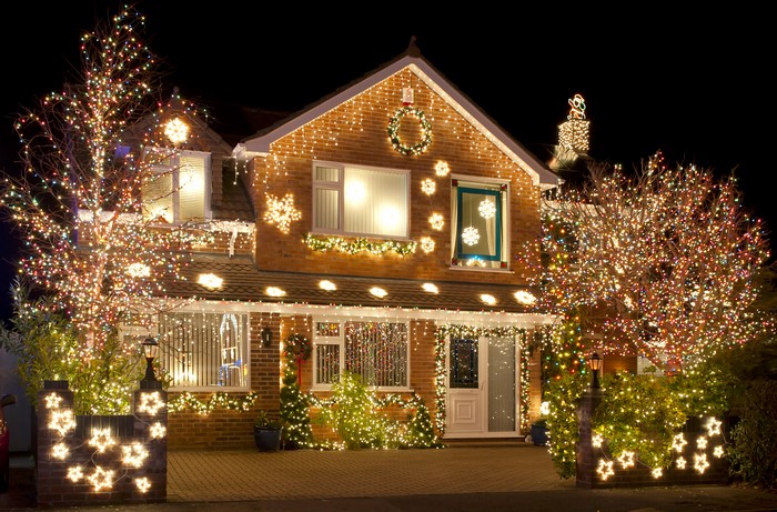 House decorated with Christmas fairy lights