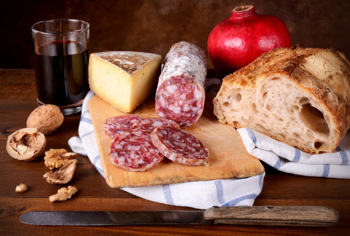 Sausage, Cheese, Bread, Pomegranate, Juice, Nuts