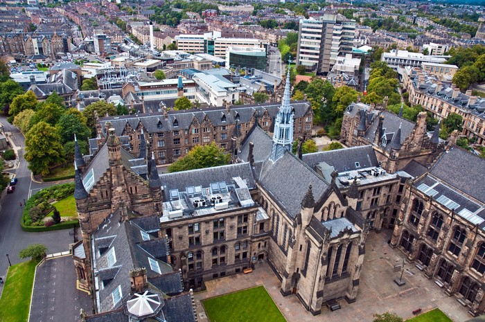 4K aerial view of Glasgow University, United Kingdom