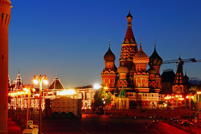 Saint Basil's Cathedral and GUM Department Store at night