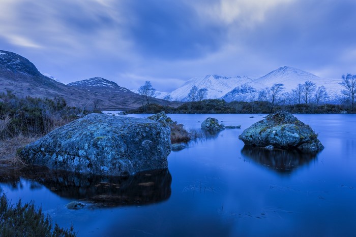 Lake with rocks and snow-capped mountains
