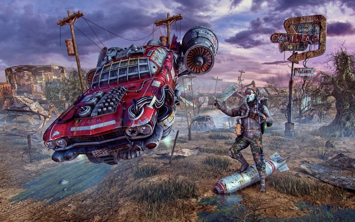 Fan art of a character from Fallout with a flying car