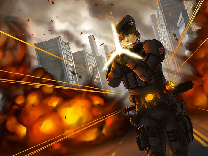 Soldier firing gun in exploding city