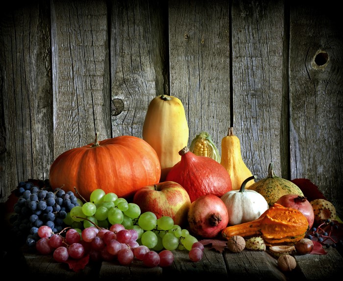 4K Autumn Harvest Still Life with Pumpkins and Grapes