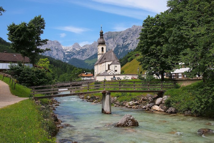 St Sebastian Church in Ramsau, Germany with Alps mountains