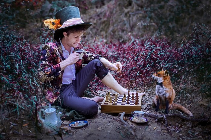 Man in a hat playing chess with a fox