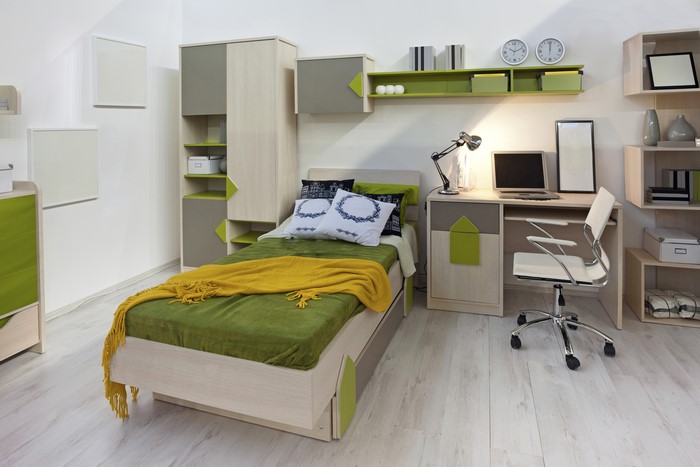 Modern Bedroom with Bed, Desk, and Wardrobe