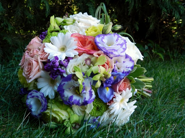 Bouquet of Roses, Eustoma, Irises, and Orchids on Grass