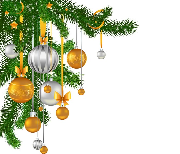 Christmas tree branch with ornaments and bows
