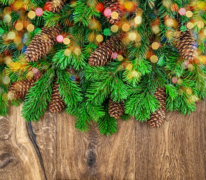 Christmas tree branches with pine cones and bokeh lights