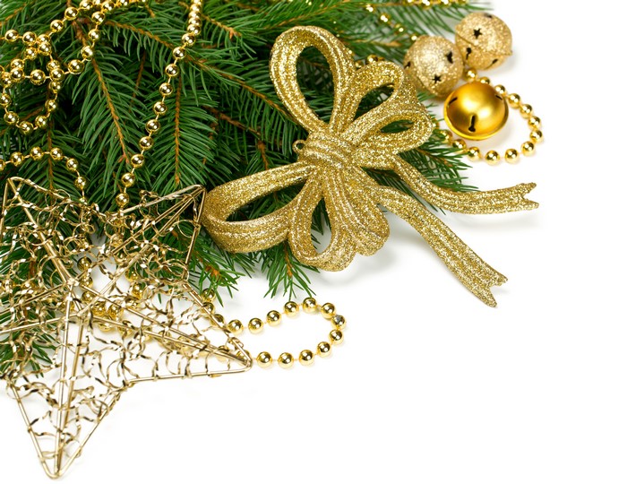 Christmas Decorations with Pine Branches and Gold Ornaments