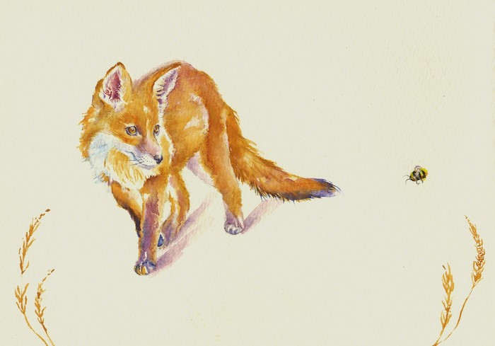 A fox and a bee in a painting