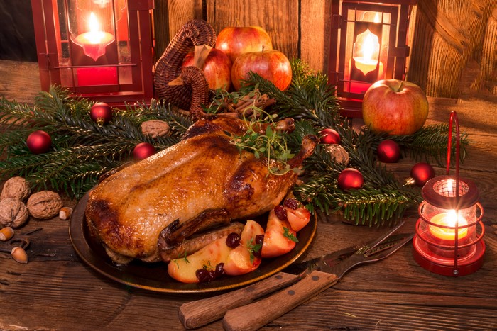 Roast Duck with Apples and Christmas Decorations