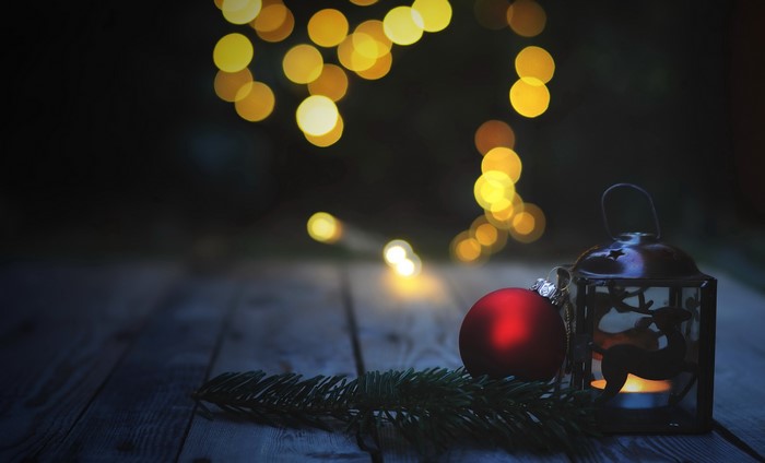 Christmas lantern with ornament and pine branch