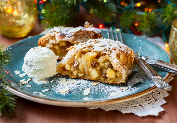 Apple strudel with ice cream and Christmas lights